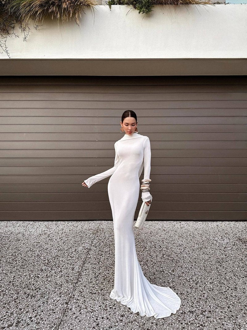 Backless Draped White Maxi Dress H7026