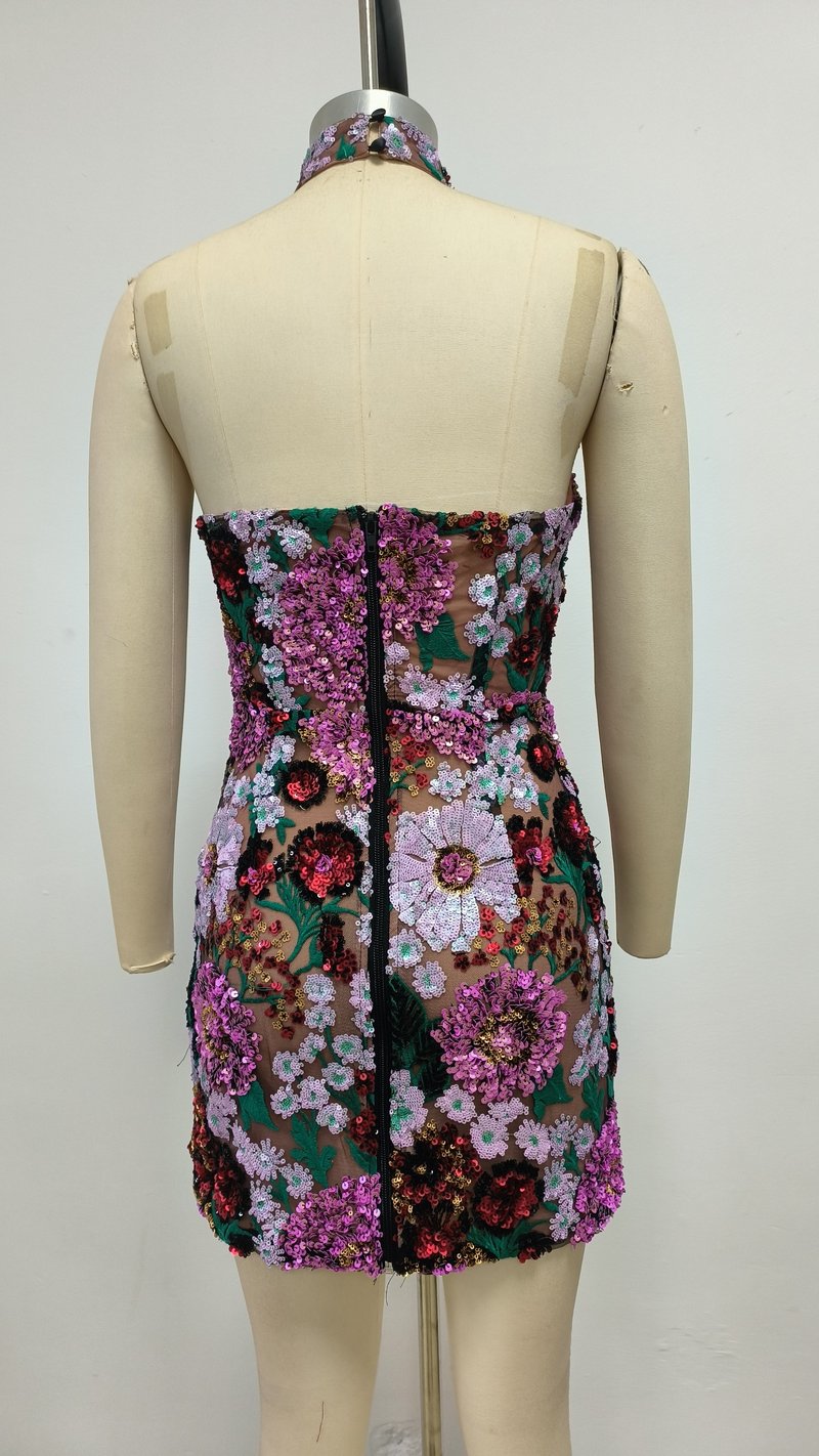 Backless Floral Embellished Mini Dress H6837