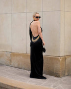 Backless Gold Trim Satin Gown H6283