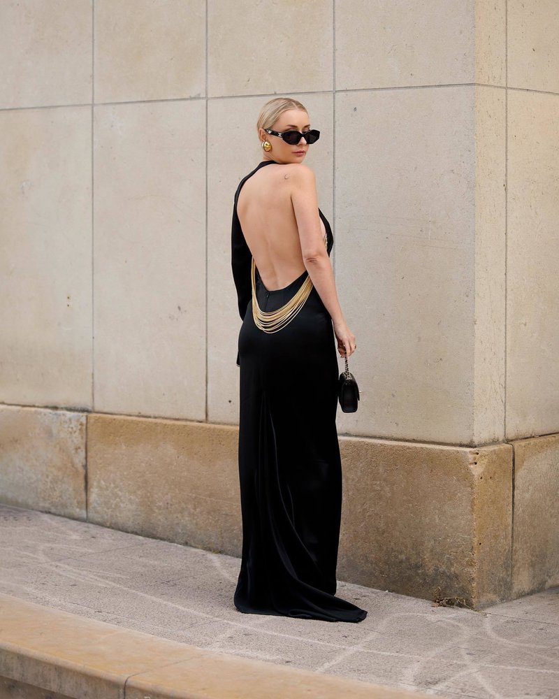 Backless Gold Trim Satin Gown H6283