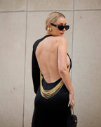 Backless Gold Trim Satin Gown H6283