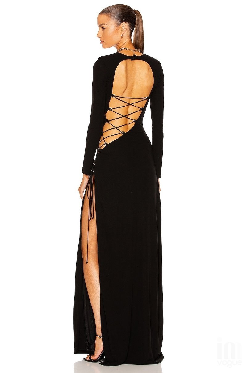 Backless Lace-Up Long Sleeve Maxi Dress H4157