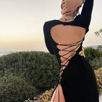 Backless Lace-Up Long Sleeve Maxi Dress H4157
