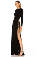 Backless Lace-Up Long Sleeve Maxi Dress H4157