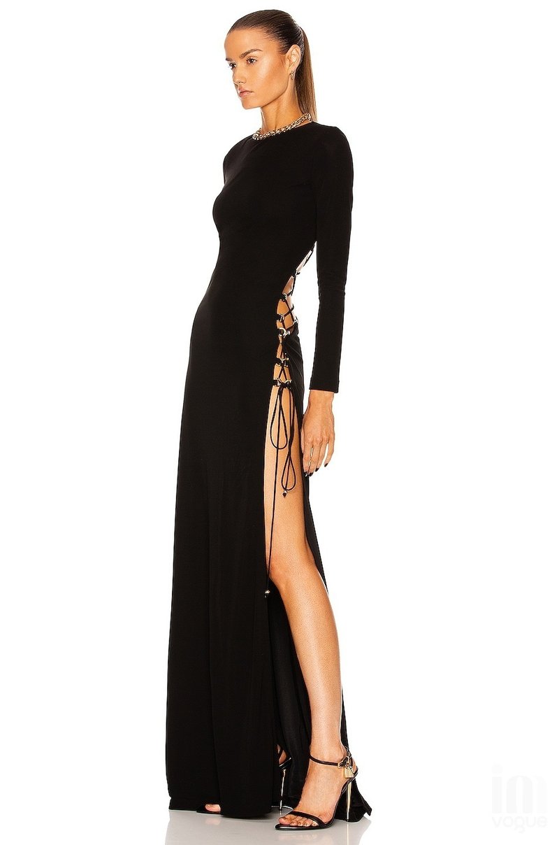 Backless Lace-Up Long Sleeve Maxi Dress H4157