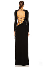 Backless Lace-Up Long Sleeve Maxi Dress H4157