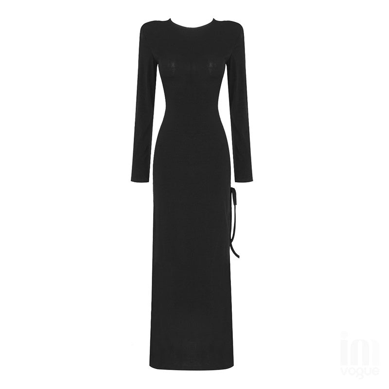 Backless Lace-Up Long Sleeve Maxi Dress H4157