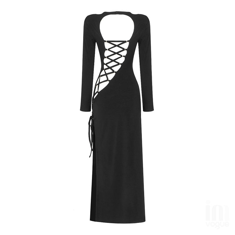 Backless Lace-Up Long Sleeve Maxi Dress H4157