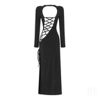 Backless Lace-Up Long Sleeve Maxi Dress H4157