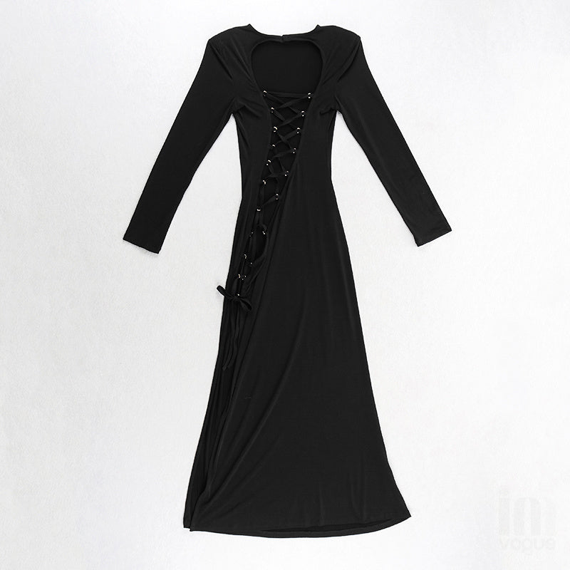 Backless Lace-Up Long Sleeve Maxi Dress H4157