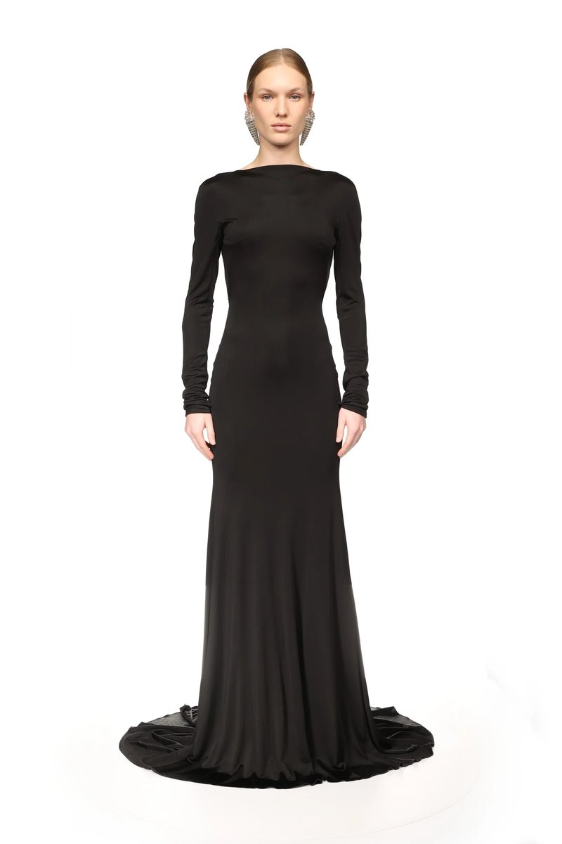 Backless Long Sleeve Velvet Gown H7018