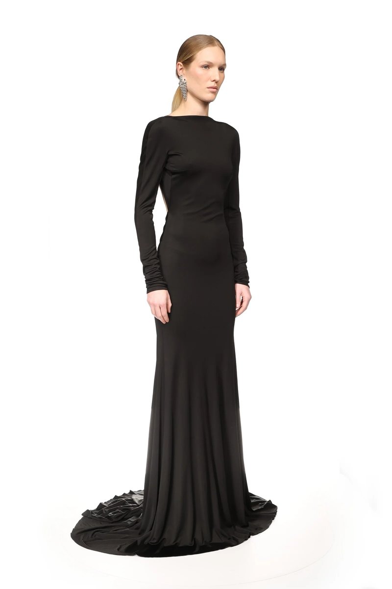 Backless Long Sleeve Velvet Gown H7018
