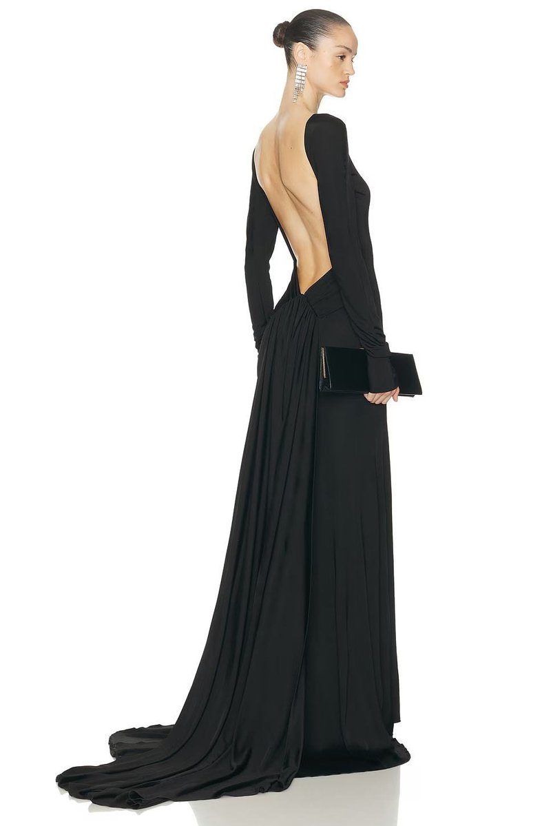Backless Long Sleeve Velvet Gown H7018