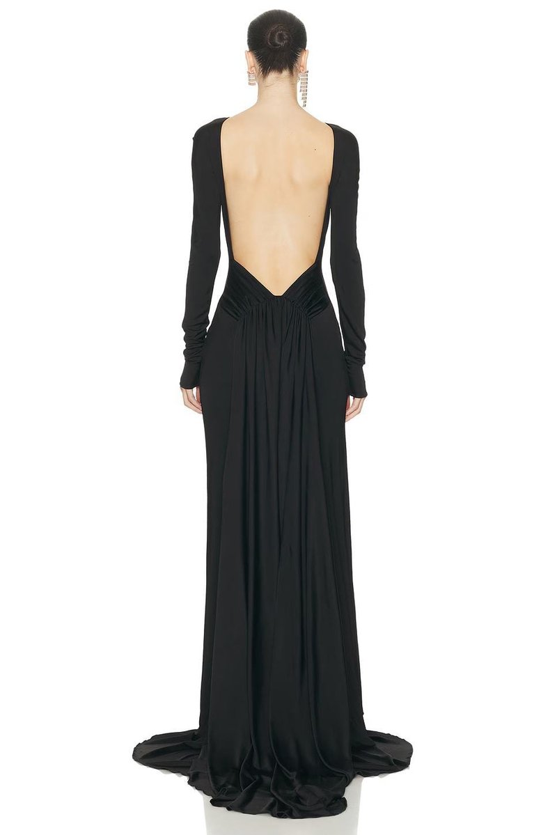 Backless Long Sleeve Velvet Gown H7018