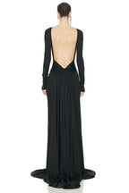 Backless Long Sleeve Velvet Gown H7018