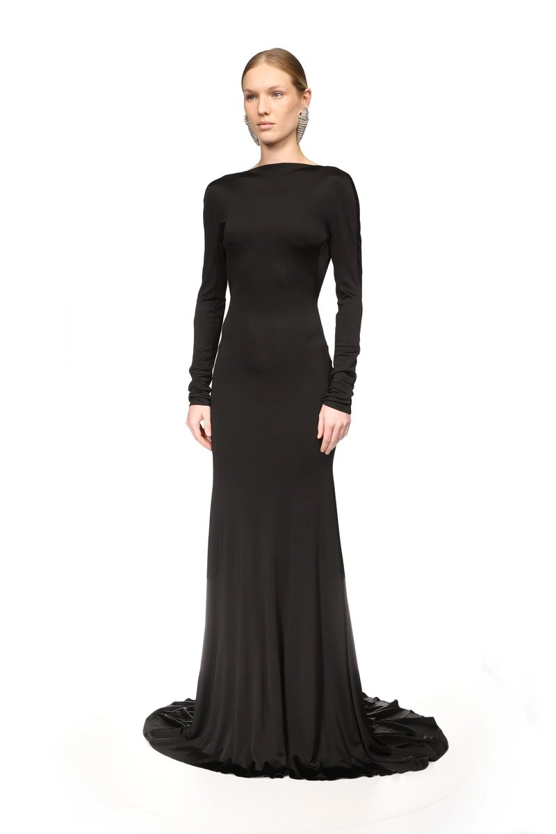 Backless Long Sleeve Velvet Gown H7018