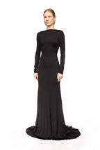 Backless Long Sleeve Velvet Gown H7018