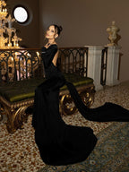 Backless Long Sleeve Velvet Gown H7018