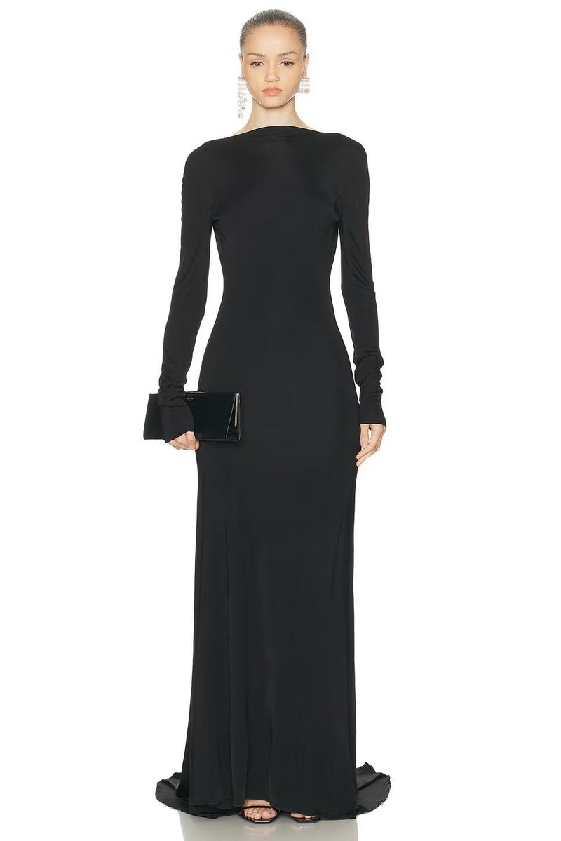 Backless Long Sleeve Velvet Gown H7018