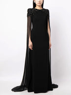 Beaded Cape Sleeve Black Maxi Dress H7000