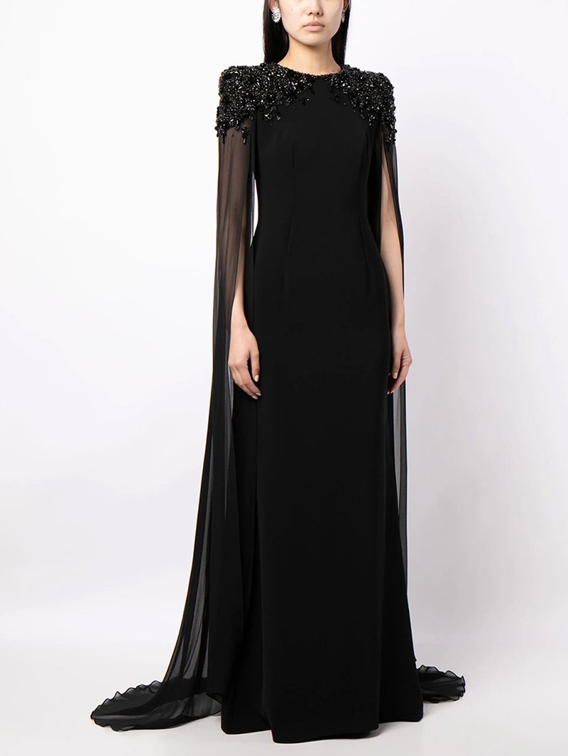 Beaded Cape Sleeve Black Maxi Dress H7000