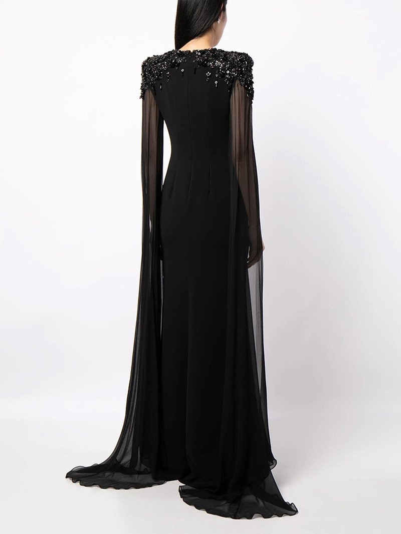 Beaded Cape Sleeve Black Maxi Dress H7000