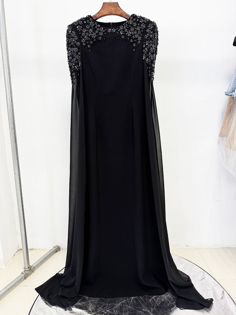 Beaded Cape Sleeve Black Maxi Dress H7000