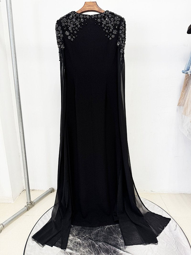 Beaded Cape Sleeve Black Maxi Dress H7000