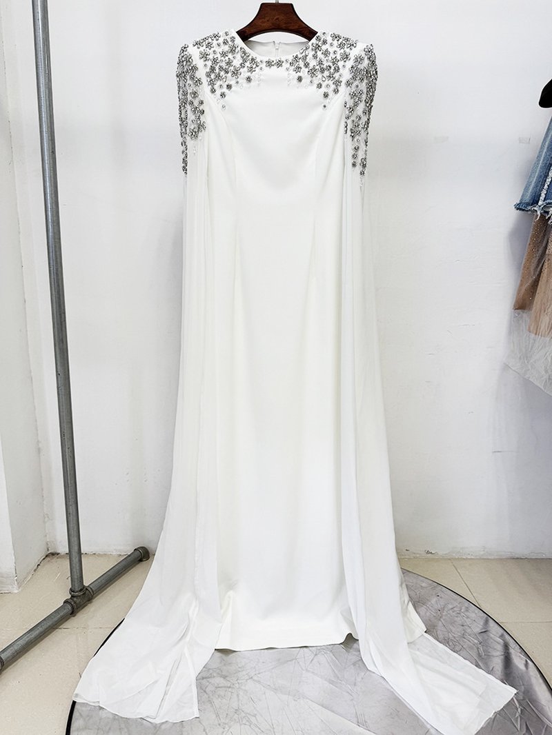 Beaded Cape Sleeve Black Maxi Dress H7000