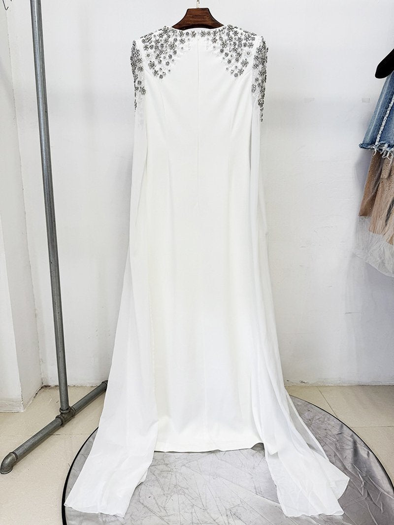 Beaded Cape Sleeve Black Maxi Dress H7000