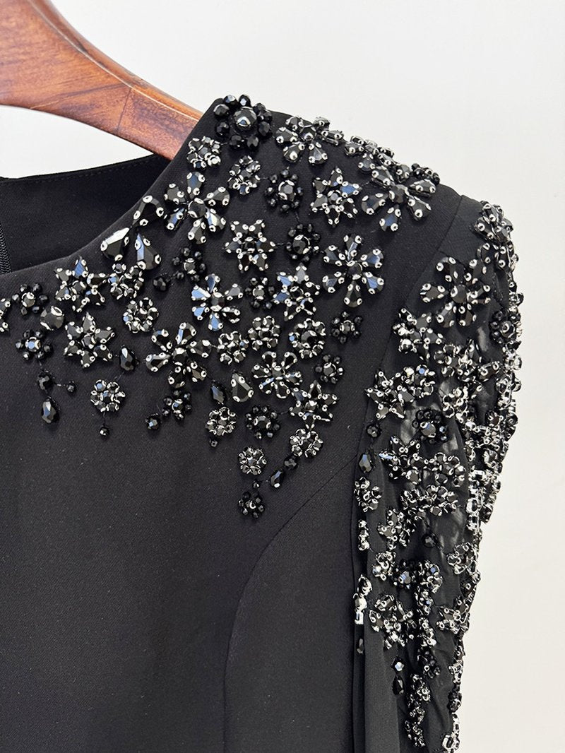 Beaded Cape Sleeve Black Maxi Dress H7000