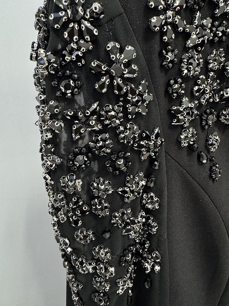 Beaded Cape Sleeve Black Maxi Dress H7000