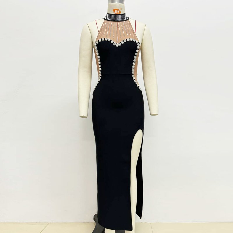 Beaded Halter High Slit Maxi Dress H6448