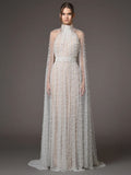Beaded High Neck Sheer Wedding Gown H6730