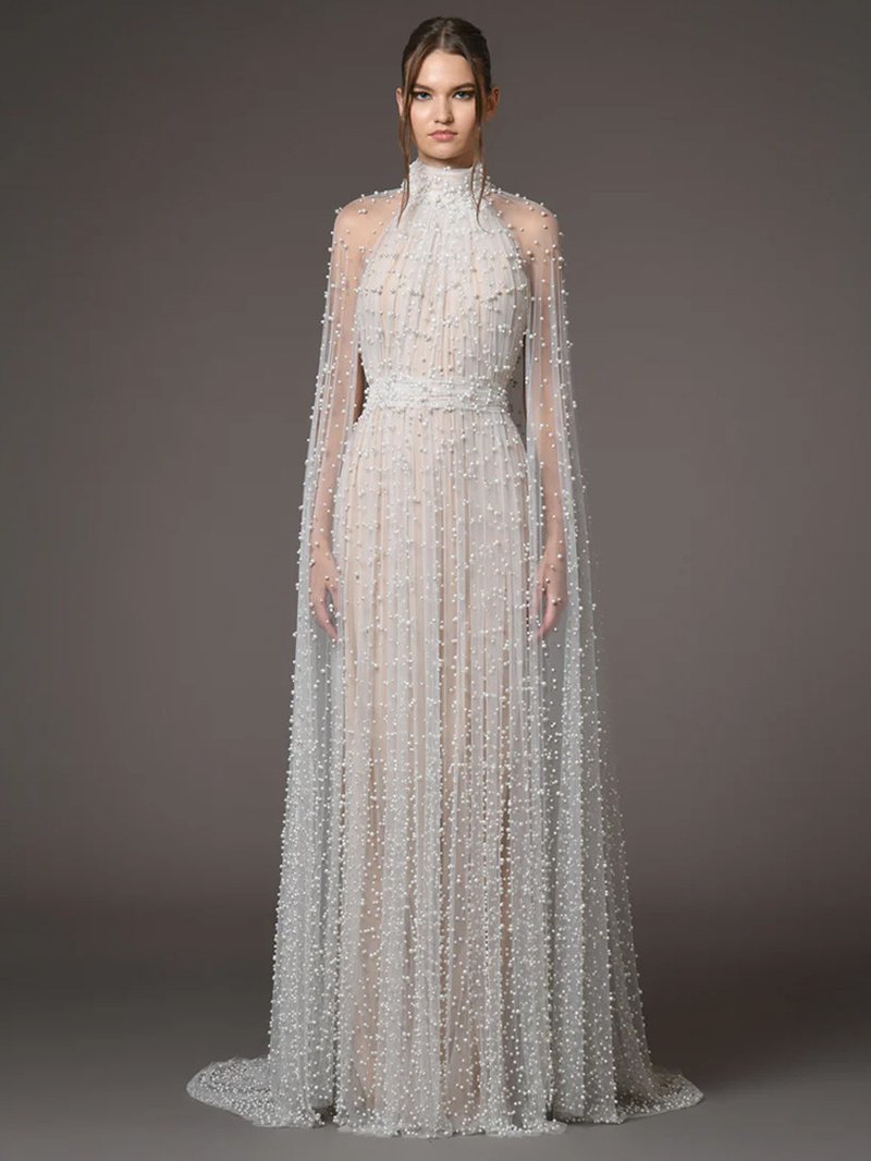Beaded High Neck Sheer Wedding Gown H6730