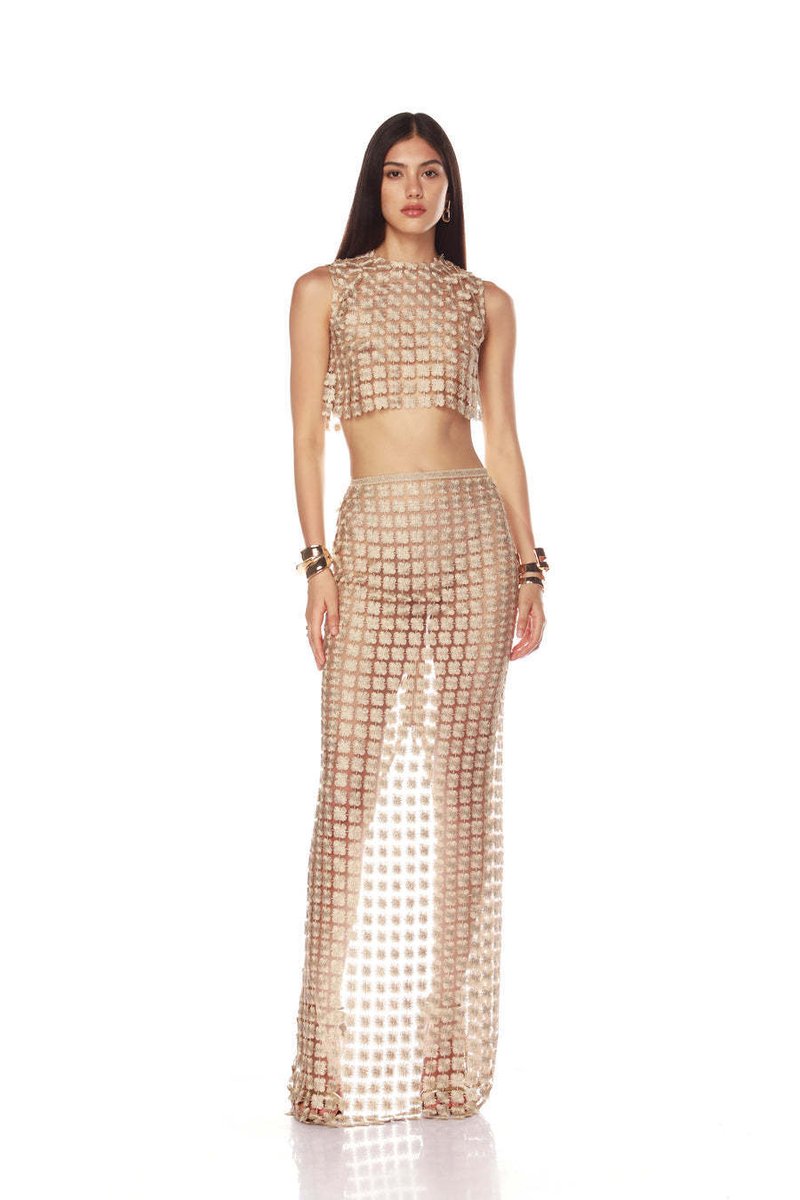 Beige Beaded Crop Top & Skirt Set H6833