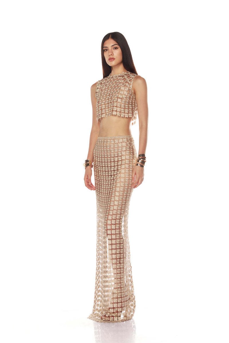 Beige Beaded Crop Top & Skirt Set H6833
