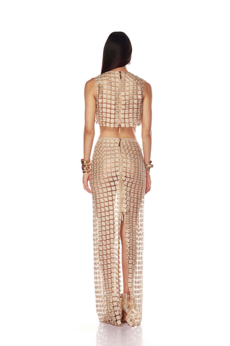 Beige Beaded Crop Top & Skirt Set H6833