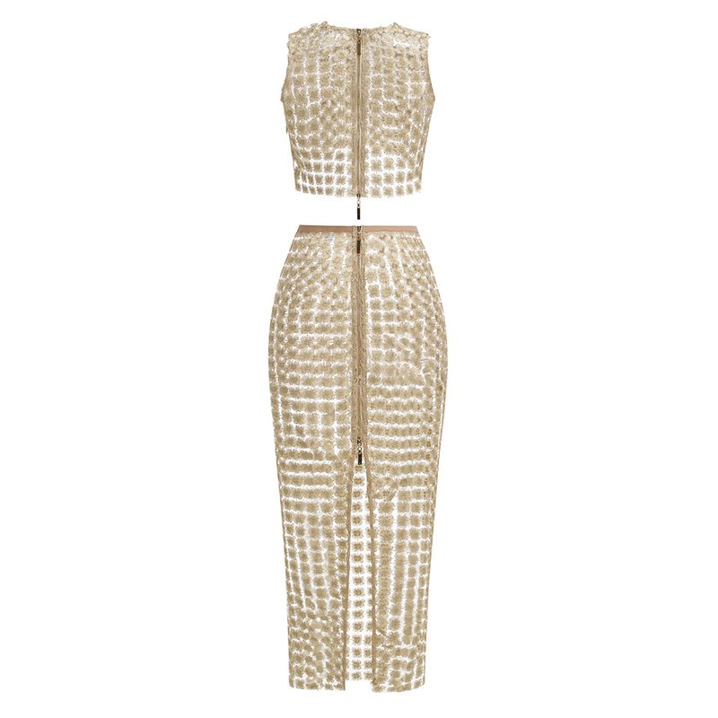 Beige Beaded Crop Top & Skirt Set H6833