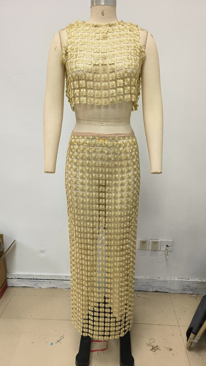 Beige Beaded Crop Top & Skirt Set H6833
