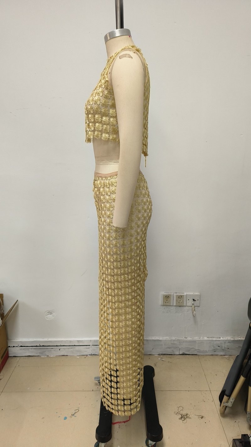 Beige Beaded Crop Top & Skirt Set H6833