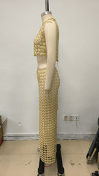 Beige Beaded Crop Top & Skirt Set H6833