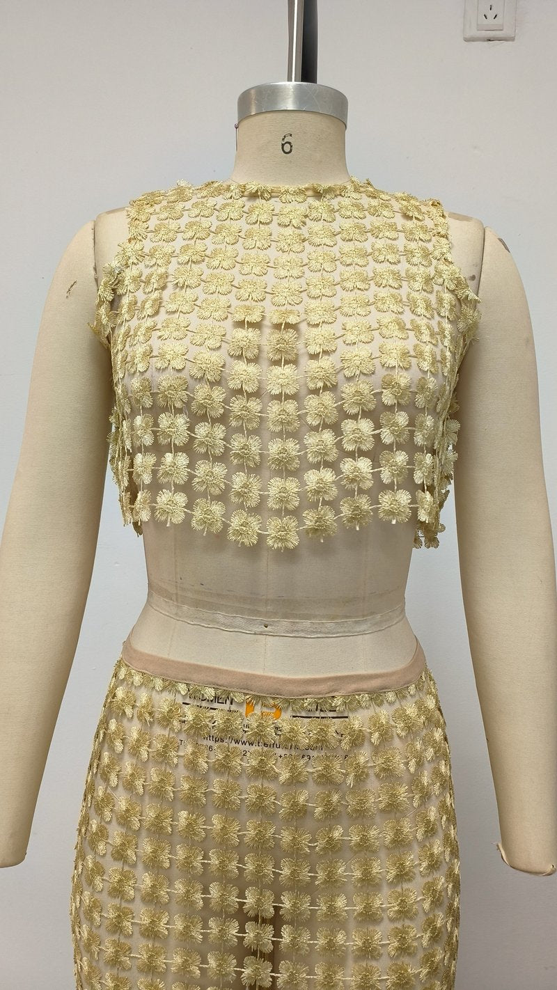 Beige Beaded Crop Top & Skirt Set H6833