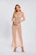 Beige Embellished Long Sleeve Maxi Dress H6714