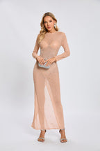 Beige Embellished Long Sleeve Maxi Dress H6714