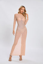 Beige Embellished Long Sleeve Maxi Dress H6714