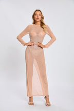 Beige Embellished Long Sleeve Maxi Dress H6714