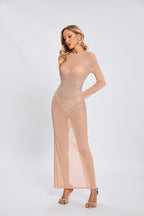 Beige Embellished Long Sleeve Maxi Dress H6714