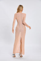 Beige Embellished Long Sleeve Maxi Dress H6714