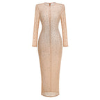 Beige Embellished Long Sleeve Maxi Dress H6714